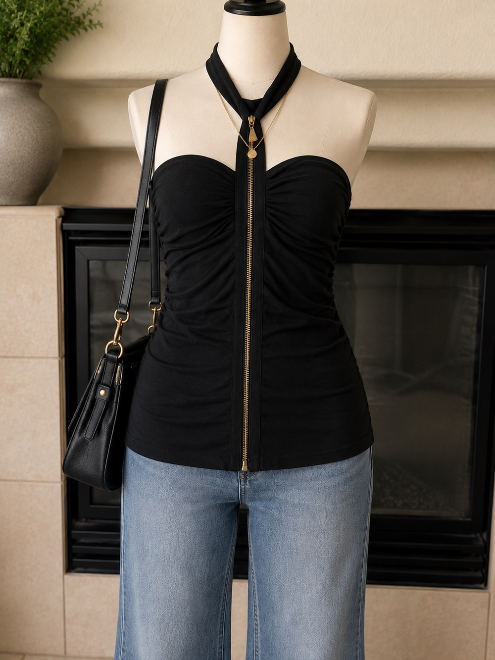 Vintage Y2K Baby Phat Black Strapless Zip Front Top Rhinestone Cat Logo Size L